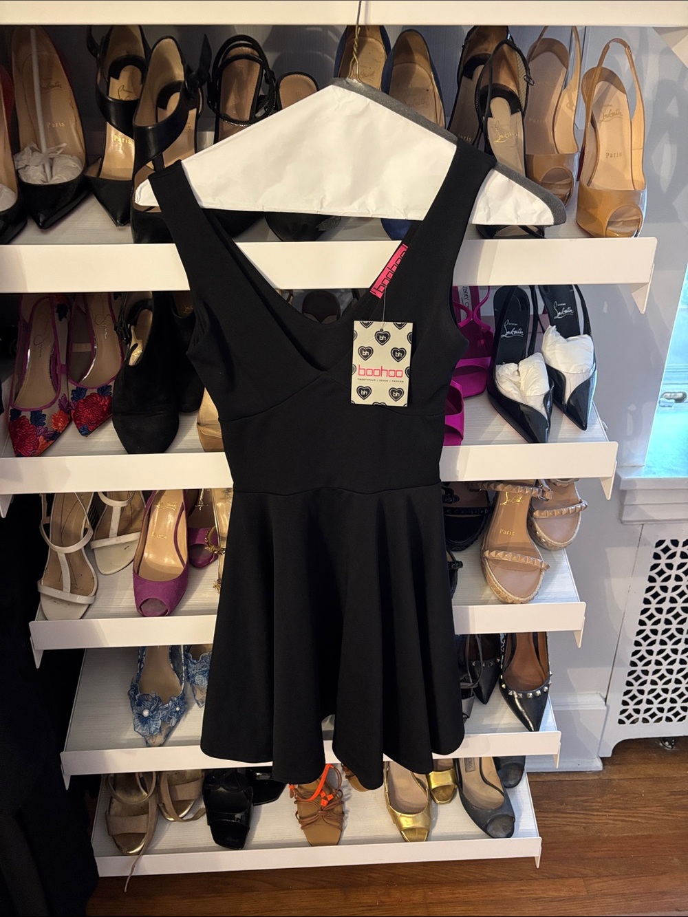 Boohoo Black V-Neck Fit-and-Flare Mini Dress